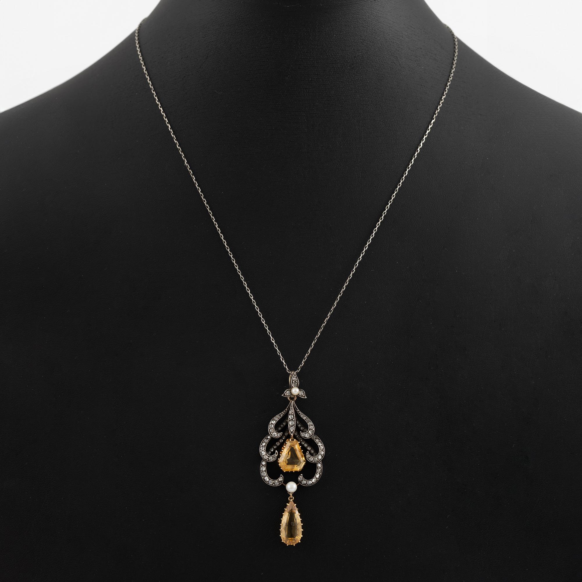 Pendant with chain, featuring citrines, pearls, and rose-cut diamonds.