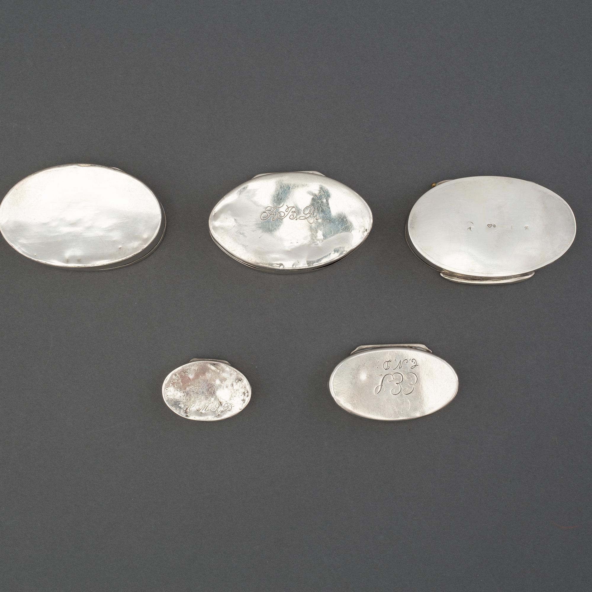 A set of five swedish silver boxes, mid 19th century.
