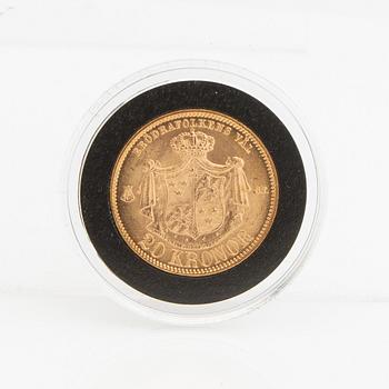 Guldmynt Sverige, Oscar II 20 kr, 1874, felpräglat.