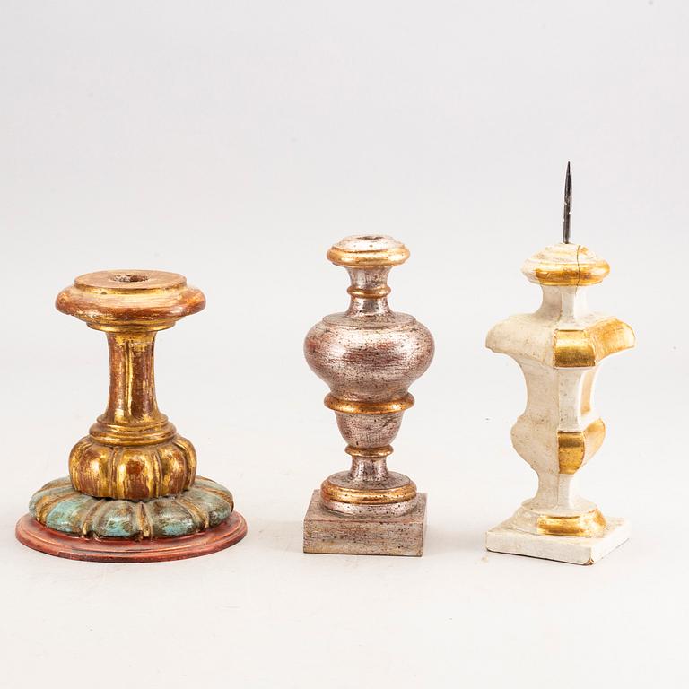 A set of 11 mid 20th century wooden candle sticks(table lamps) from Paoletti, Firenze Italy.