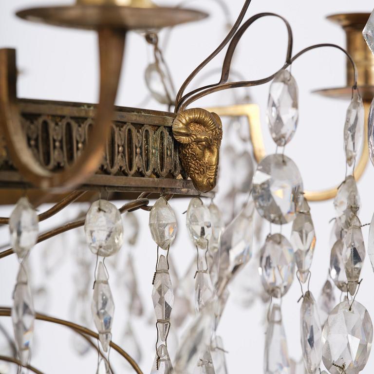 A Late gustavian green top glass six light chandelier.