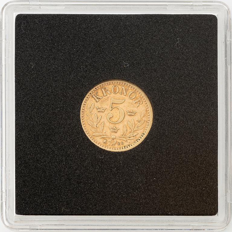 Guldmynt, Oscar II, 5 kronor, typ I, Sverige 1894.