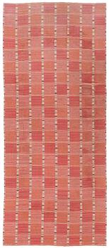 419. Barbro Nilsson, a carpet, 'Falurutan, röd Borås', flat weave, c. 502 x 212 cm, signed AB MMF BN.
