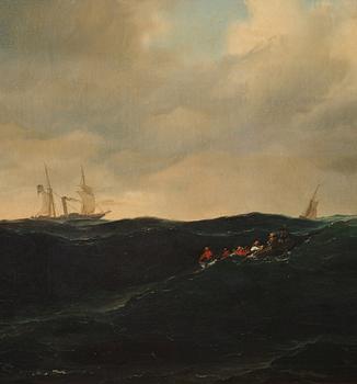 Marcus Larsson, ”Sjöstycke”. Marin med segelfartyg, ångbåt och figurer i roddbåt.