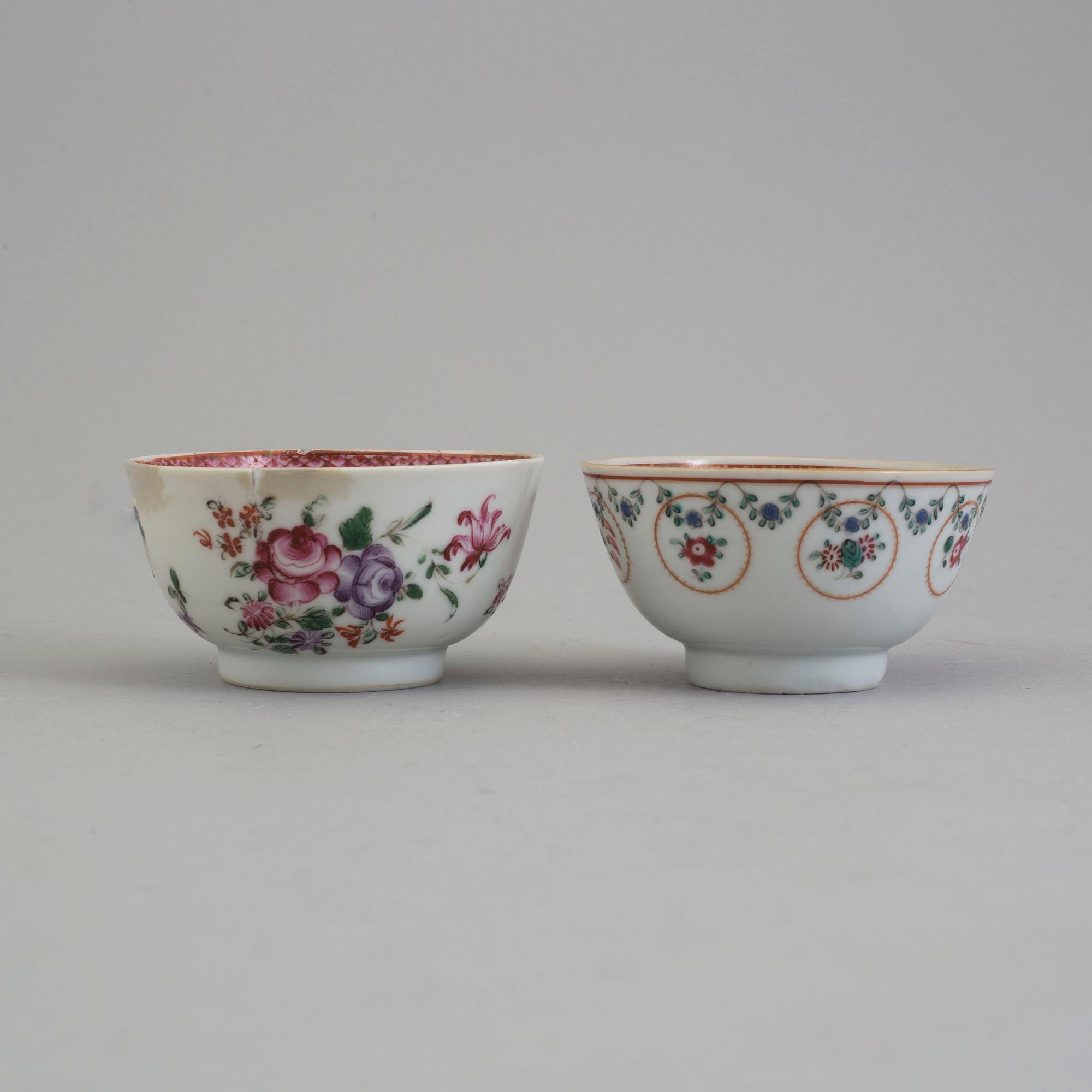 Five famille rose export porcelain cups and two dishes, Qing dynasty, 18th century.