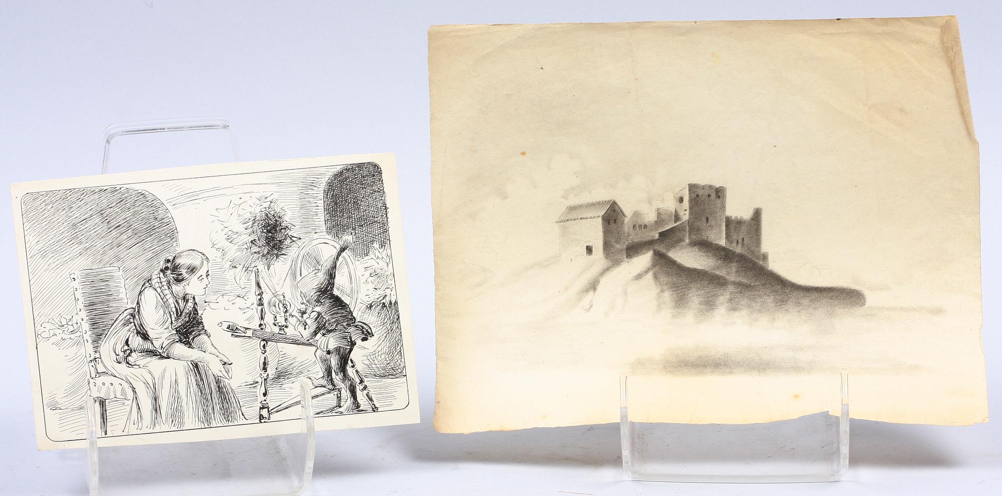 PARTI TECKNINGAR SAMT AKVARELLER, 9 st, okända konstnärer, 1800-1900-tal.