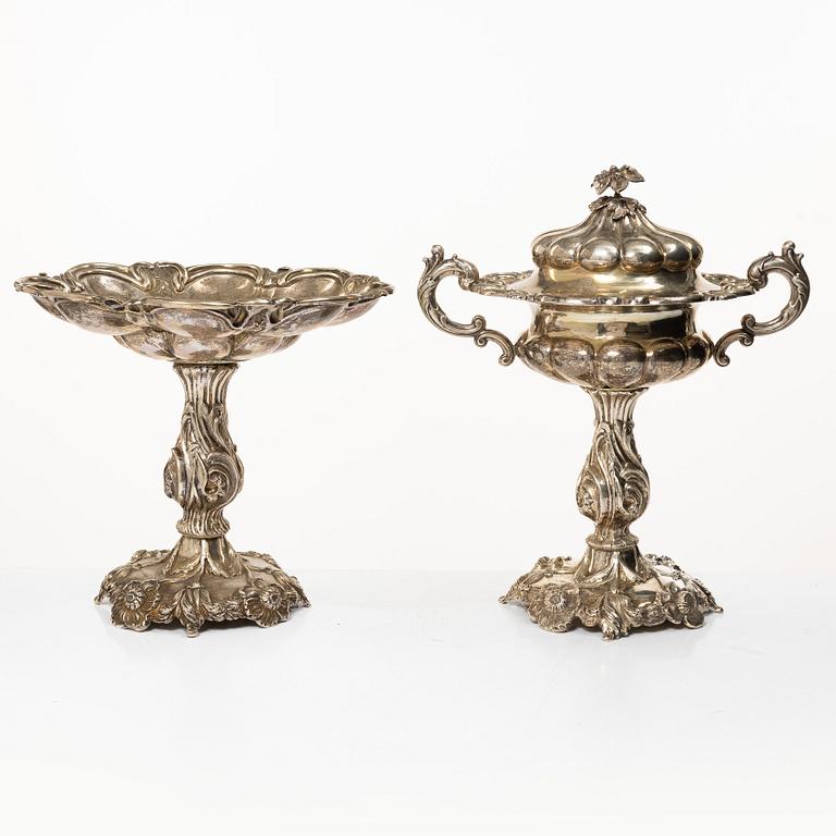 A Swedish silver sugar bowl and a centerpiece bowl, marks of G Möllenborg (Ferón) and C Hammer, Stockholm 1850-1860.
