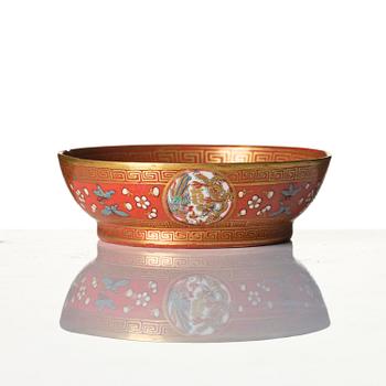 A group of five coral-red-ground famille-rose 'Imperial wedding' wares, Qing dynasty, Tongzhi period.