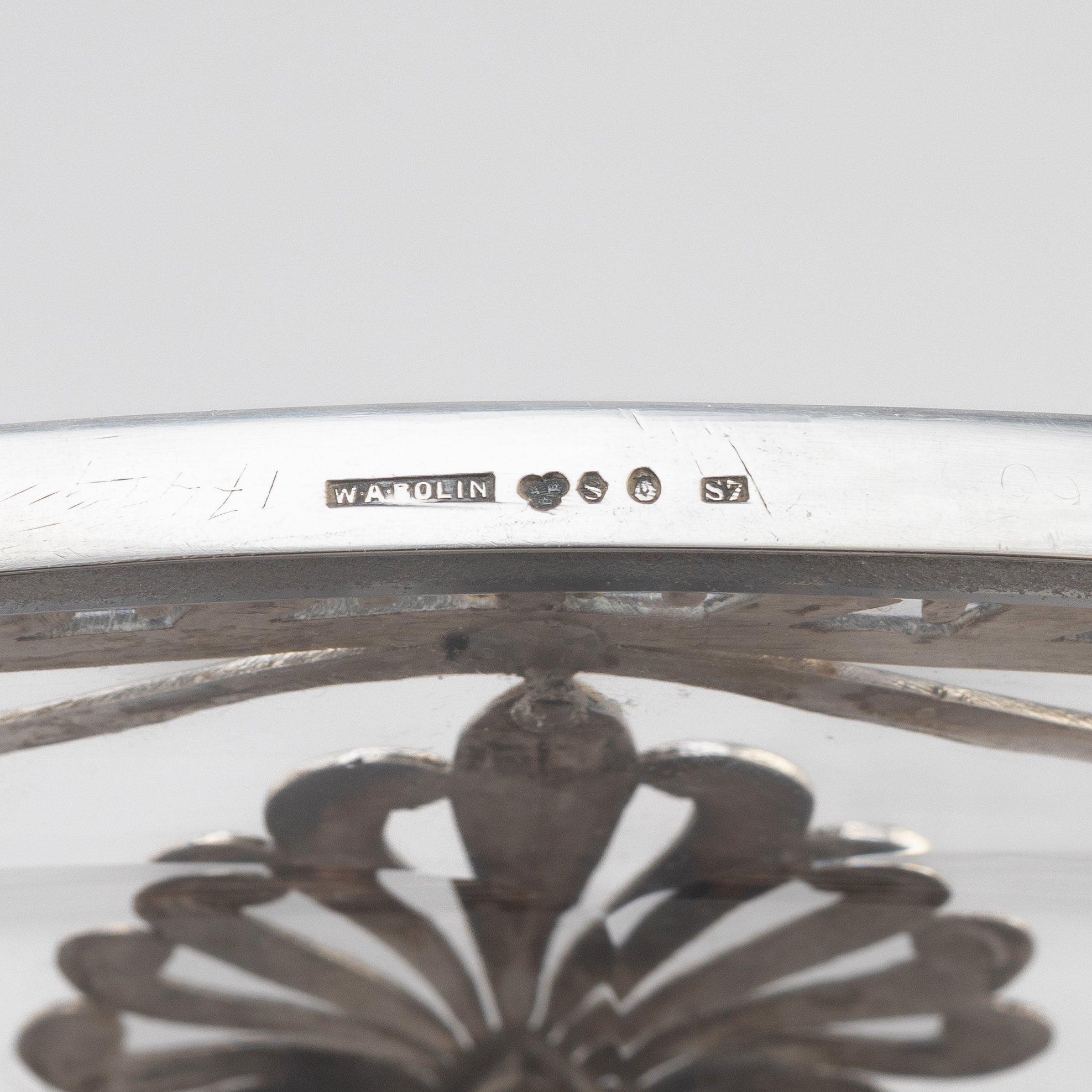 An ornate silver and glass dish, mark of W.A. Bolin, Stockholm 1920.