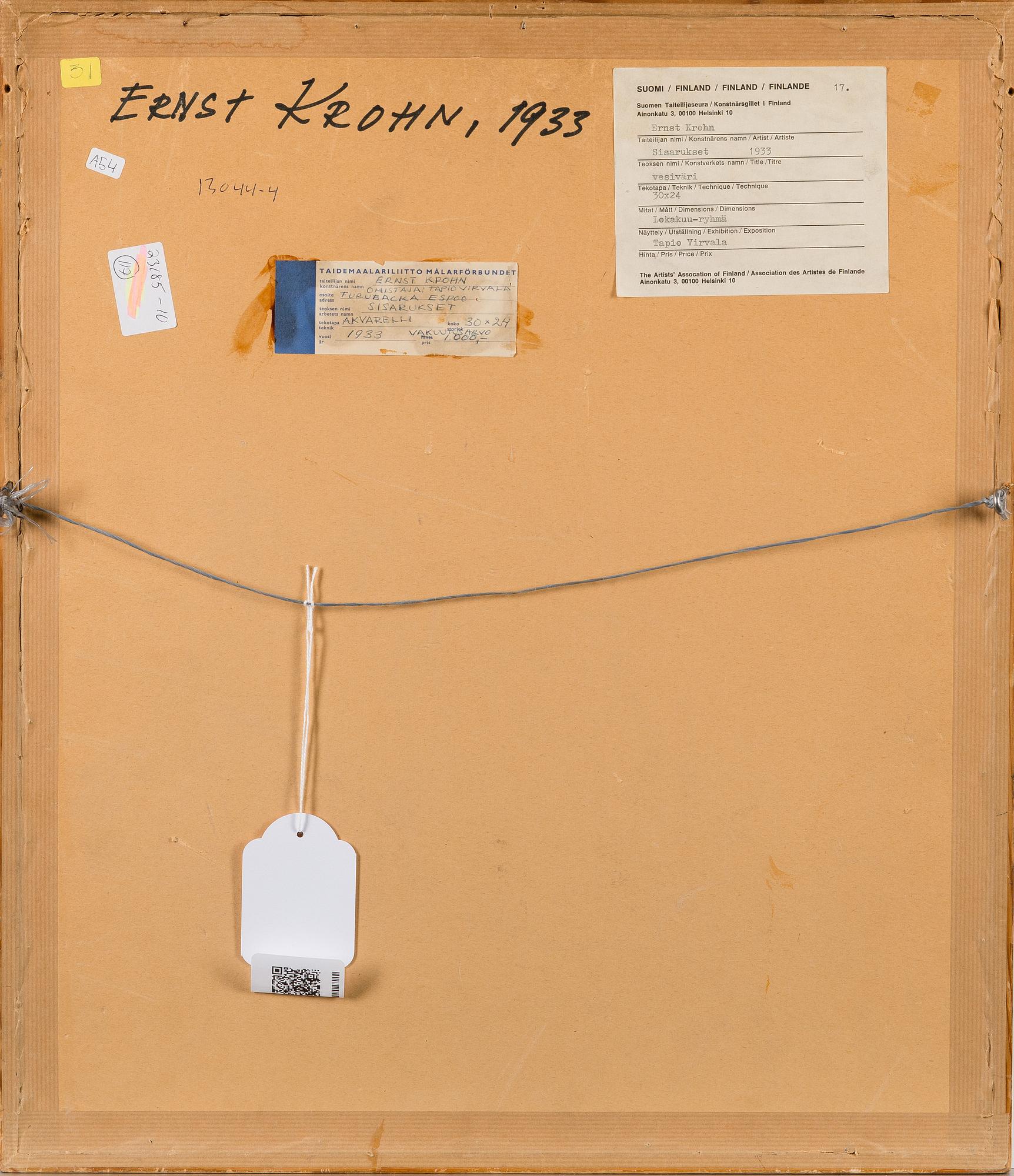 ERNST KROHN, vesiväri, signeerattu, merkitty kesäkuu ja päivätty -33.