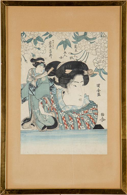 UTAGAWA KUNIYASU (1794-1832), efter, färgträsnitt, tre stycken. Japan, 1800-tal.