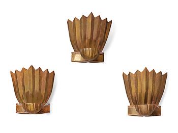 526. A set of three Lars Holmström Swedish Grace brass wall scones, Arvika Sweden, 1920's.