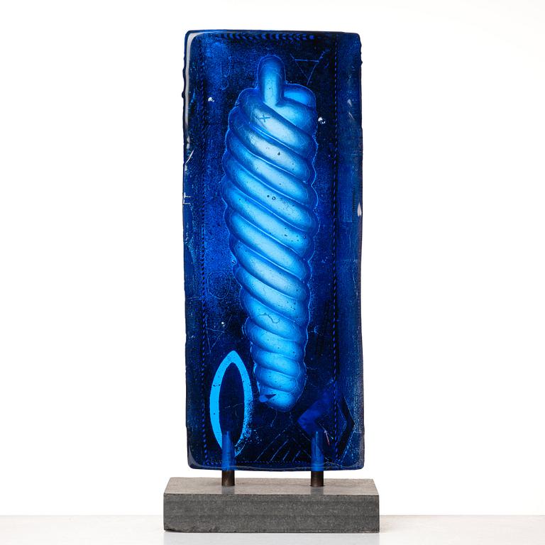 Bertil Vallien, a blue sand cast and polished glass sculpture, Kosta Boda Sweden.