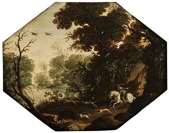 Cyriacus Bril, Forest landscape with boar hunting.