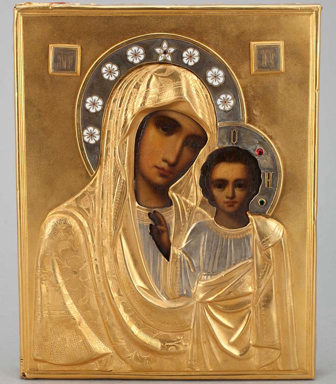 Icon, enamel ornamentation, golden risa, Russia, Moscow, ca 20th Century.
