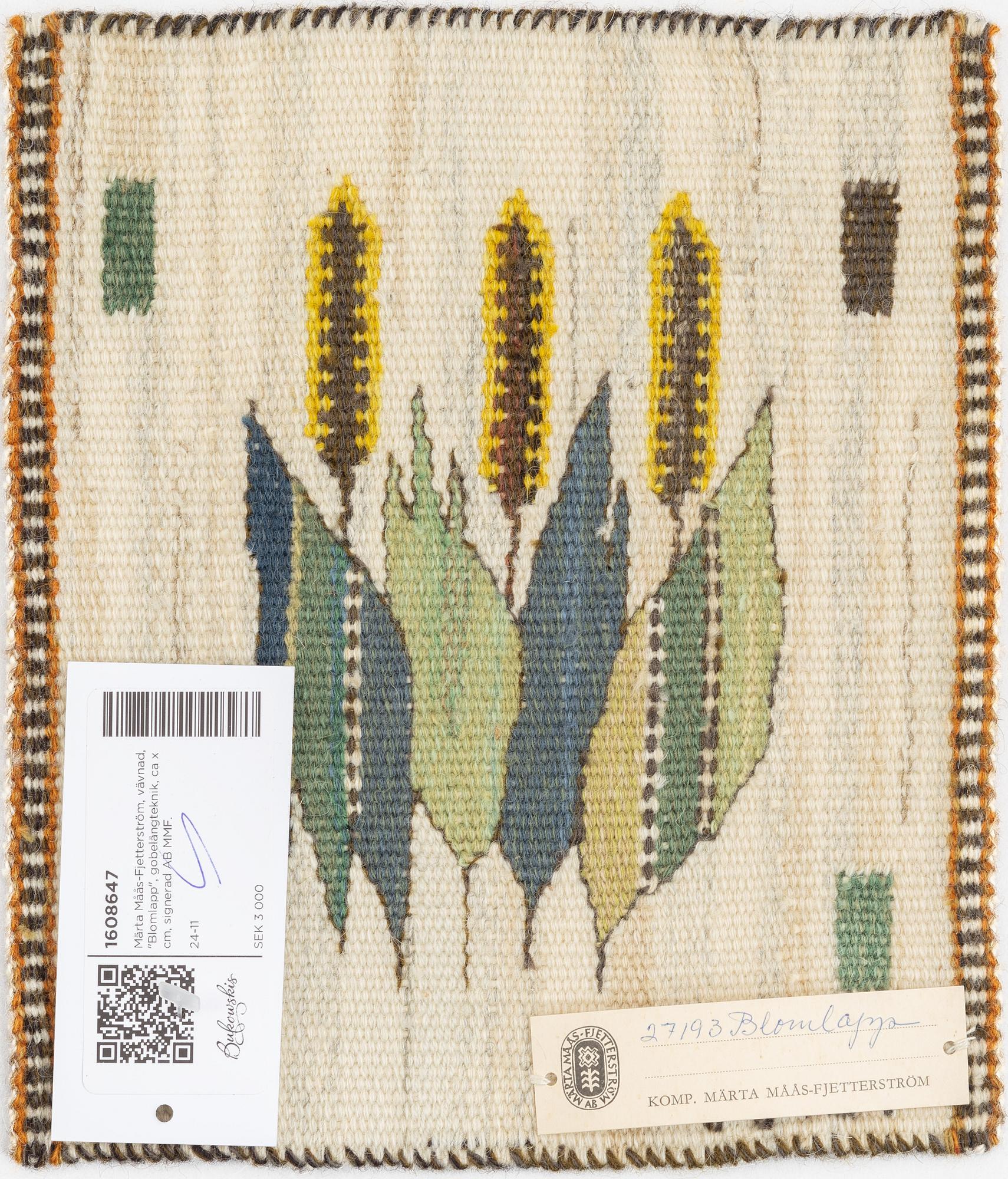 Märta Måås-Fjetterström, vävnad, "Blomlapp (Axet)", gobelängteknik, ca 25 x 22 cm, signerad AB MMF.