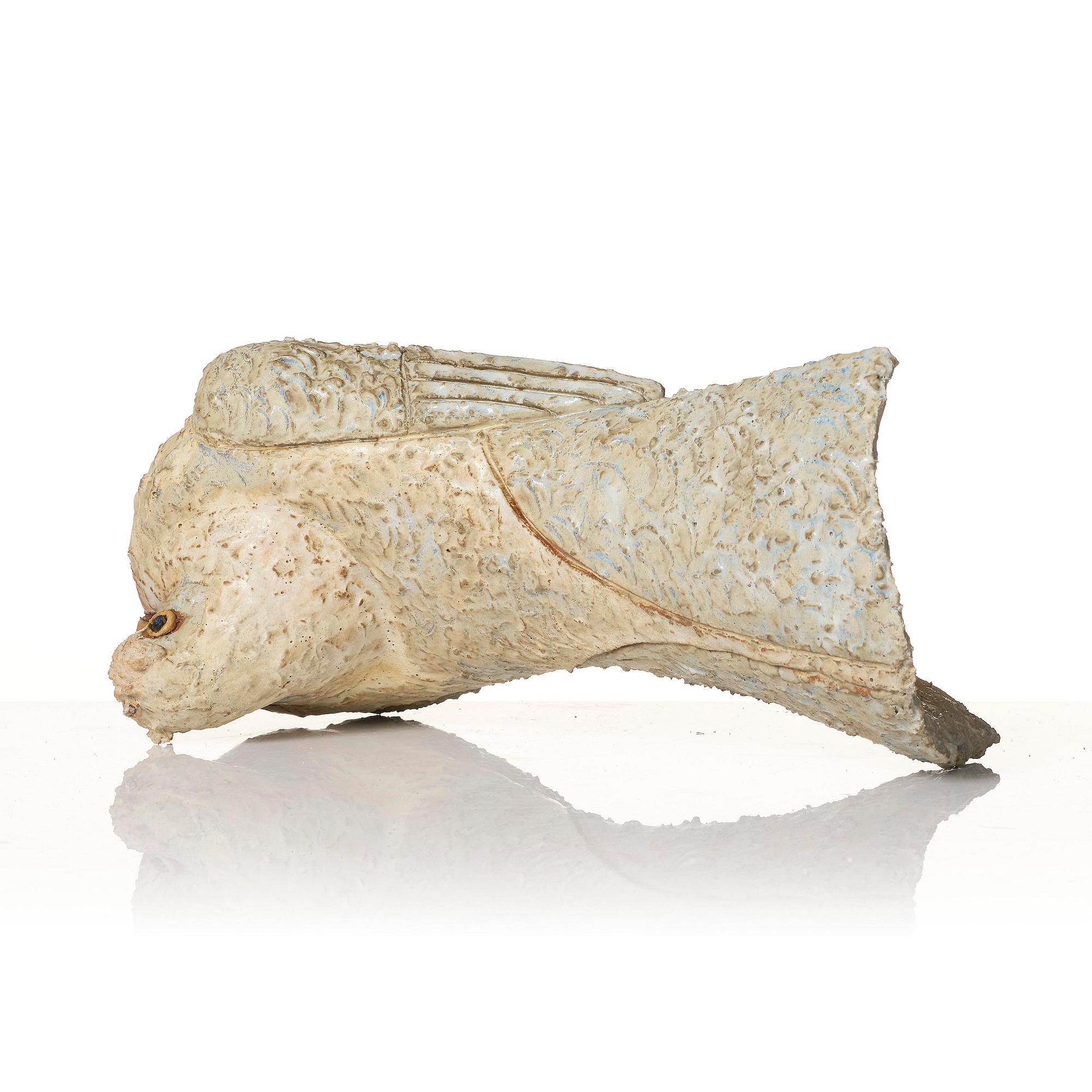 Tyra Lundgren, a chamotte stoneware sculpture of a bird, executed in her studio, Bredkvie, Gotland 1974.