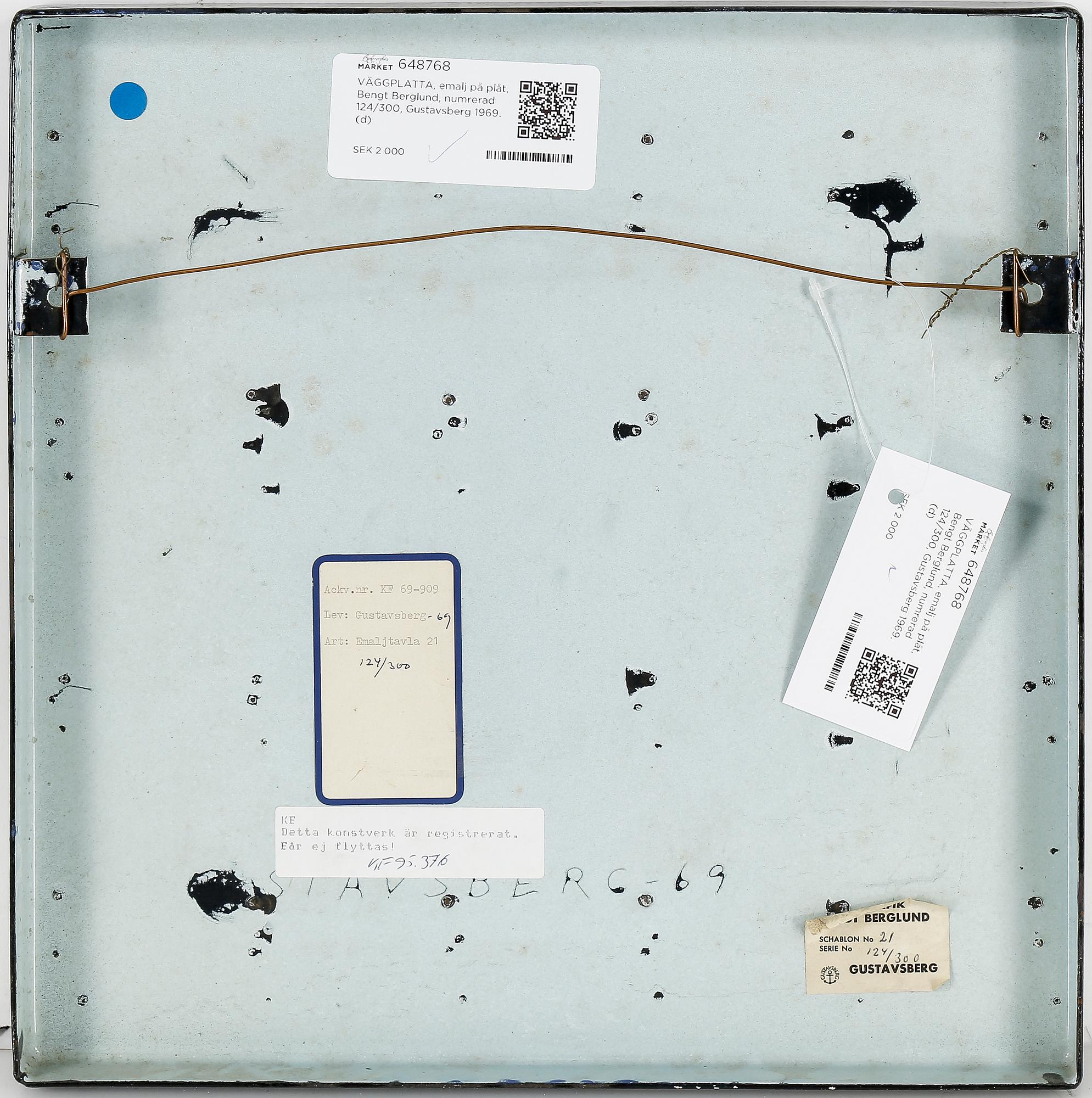 VÄGGPLATTA, emalj på plåt, Bengt Berglund, numrerad 124/300, Gustavsberg 1969.
