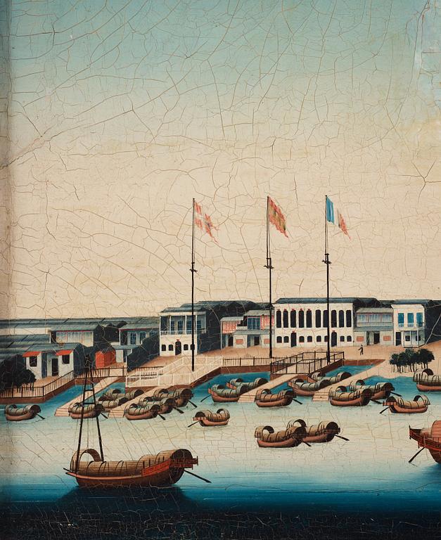 Målning, okänd konstnär, vy över Kanton. Qingdynastin, omkring år 1800.