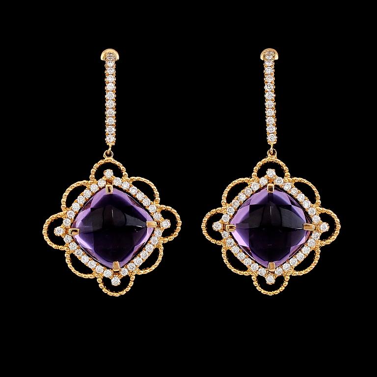 ÖRHÄNGEN, 1 par, 18K guld, Georland, diamanter tot ca 0.56 ct, ametister tot ca 7.67 ct. Vikt ca 6 g.