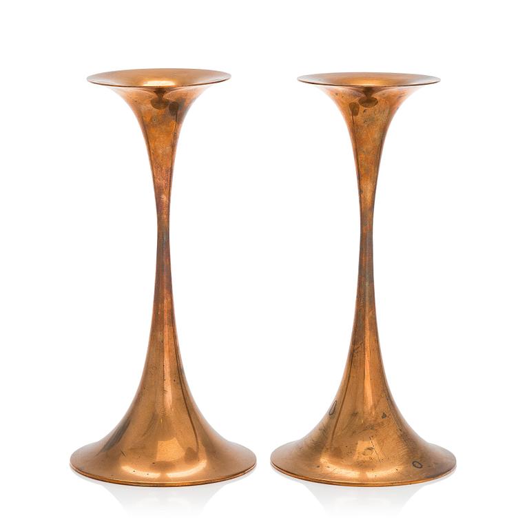 Tapio Wirkkala, A pair of bronze 'Trumpet' candlesticks, stamped Tapio Wirkkala, Hopeakeskus Oy Made in Finland.