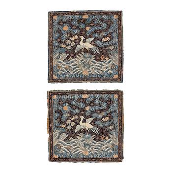 1132. A pair of kesi official's rank badges with silver pheasants, Qing dynasty, early 19th century.