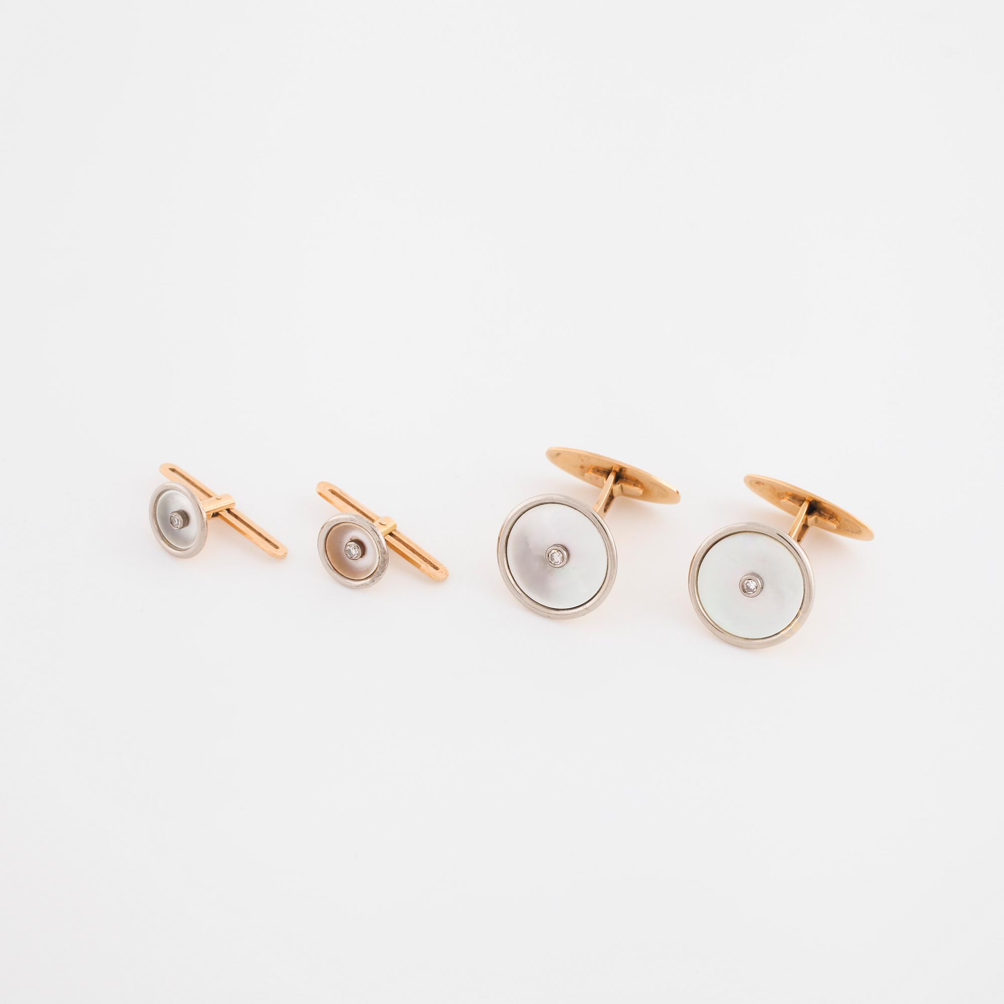 MANSCHETT- SAMT FRACKKNAPPAR, med pärlemor och åttkantslipade diamanter.