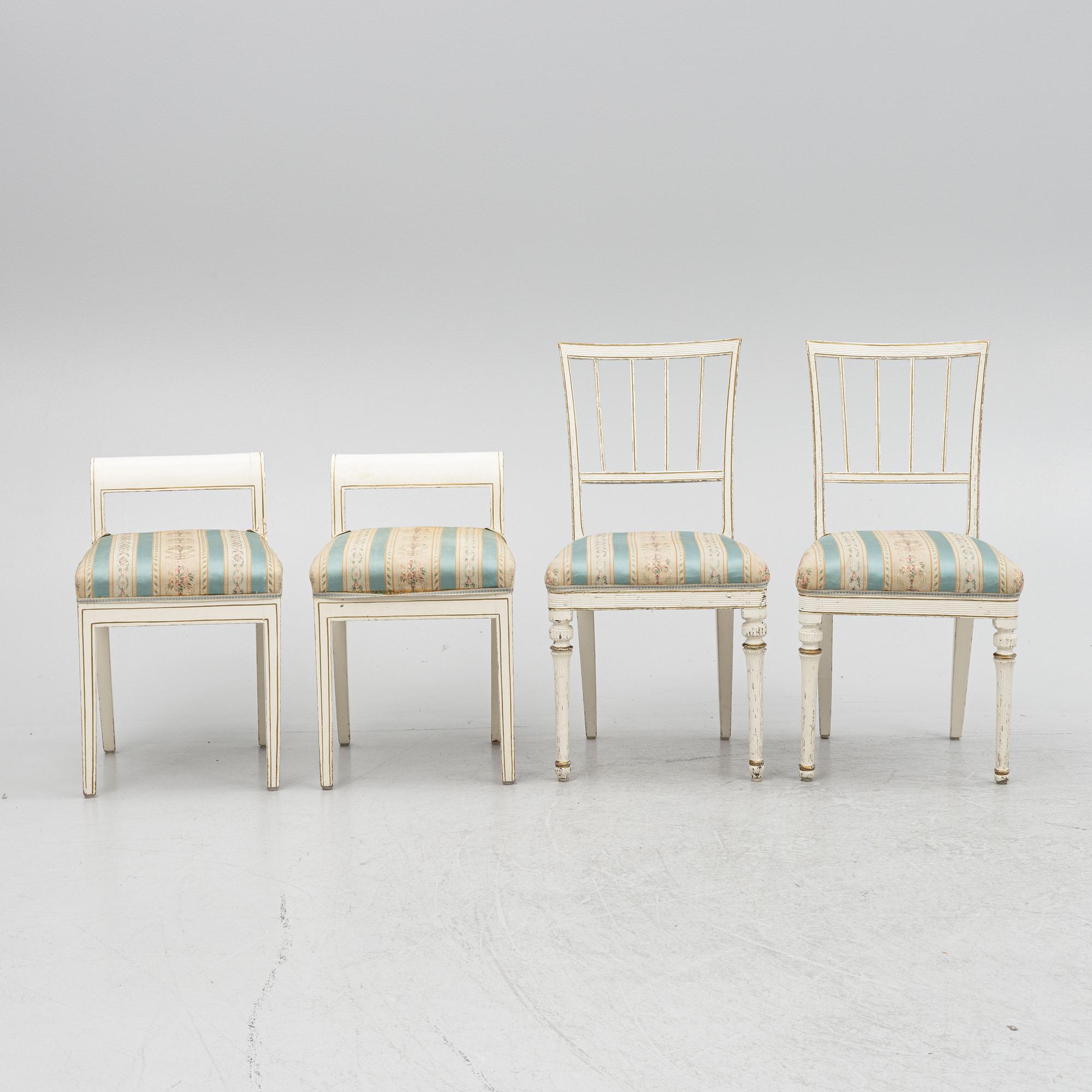 Chairs, a pair, and stools/tabourets, a pair, early 19th century.