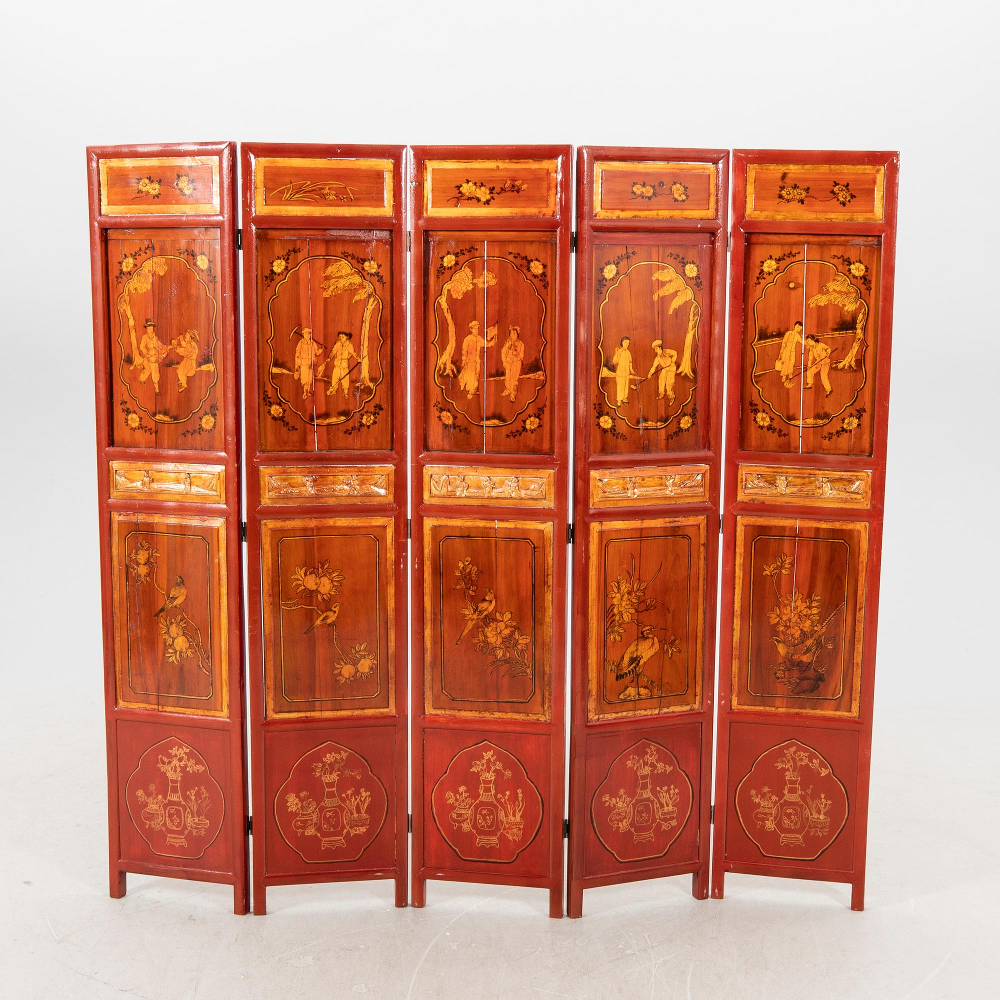 A painted wooden folding screen Asia 20th century.