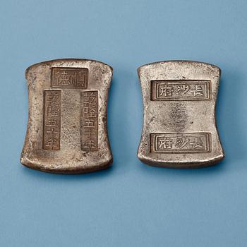 Two silver ingots, Qing dynasty.