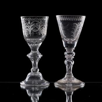 Two engraved wine glasses, 18th Century.