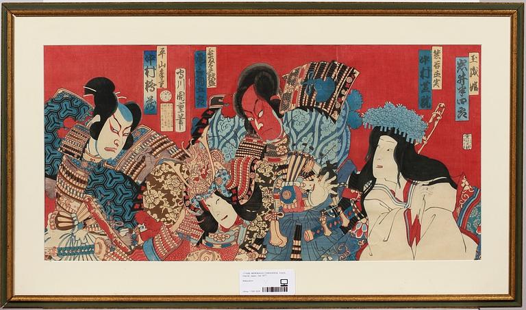 MORIKAWA CHIKASHIGE, triptyk, träsnitt, Japan, dat 1877.