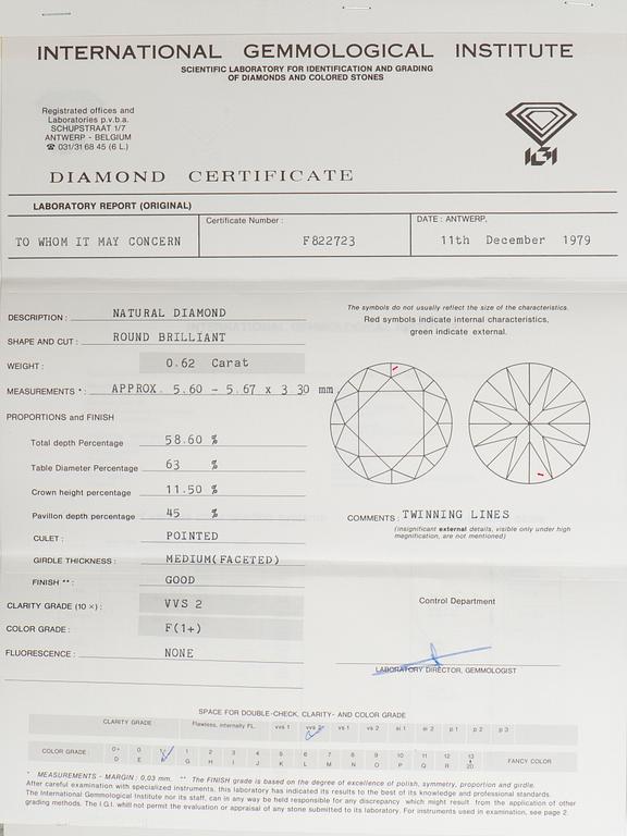 DIAMANT, briljantslipad, F / VVS2 0,62 ct.