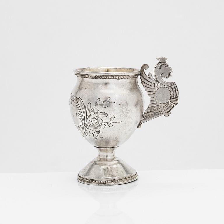 A silver charka with griffin handle, Moscow, turn of the 20th century.