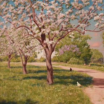 Johan Krouthén, Farm idyll with apple trees and pecking hens.