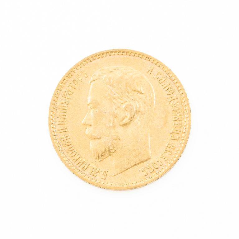 Gold coin, Nicholas II, Russia, 5 Rubles, 1898.