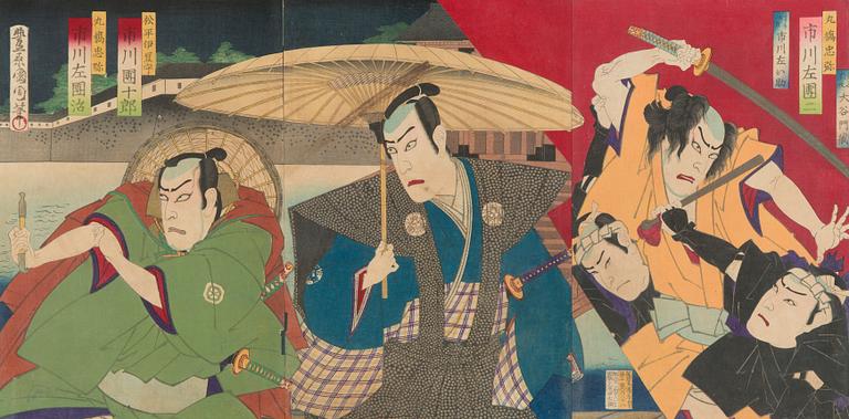Toyohara Kunichika, Triptyk, träsnitt, Japan.
