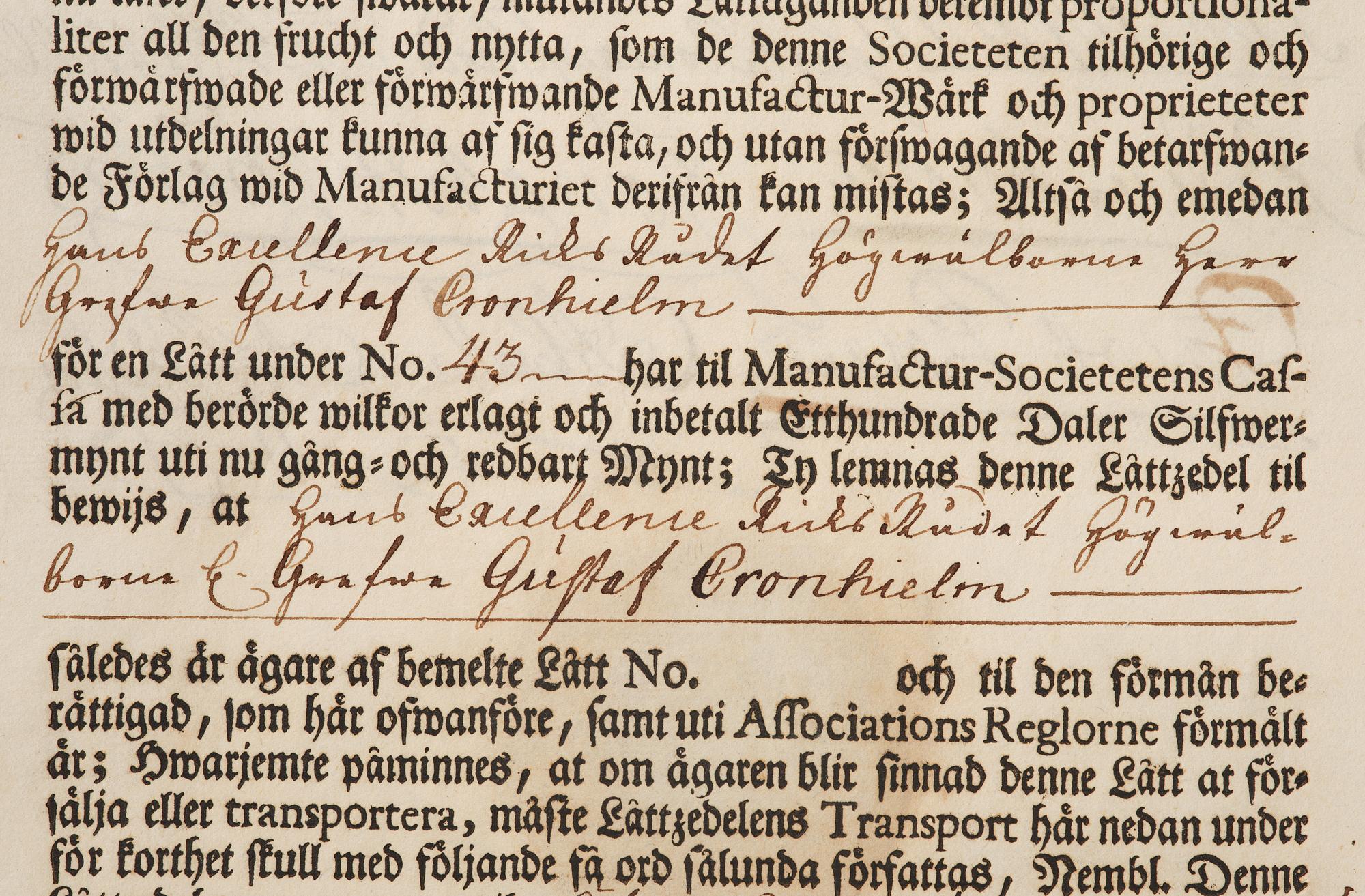 Aktiebrev, Ahlingsåhs Manufaktur Werk (Manufactur-Societet), No 43, 1728.