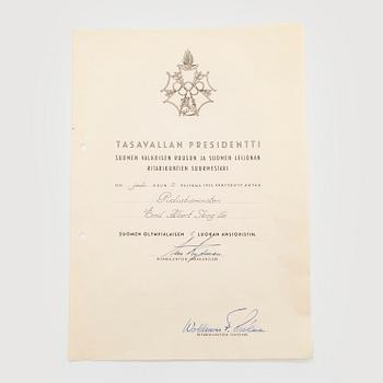 The Finnish olympic cross, 1st class, silver and enamel. Tillander, Helsinki and a Guest of Honor pin.