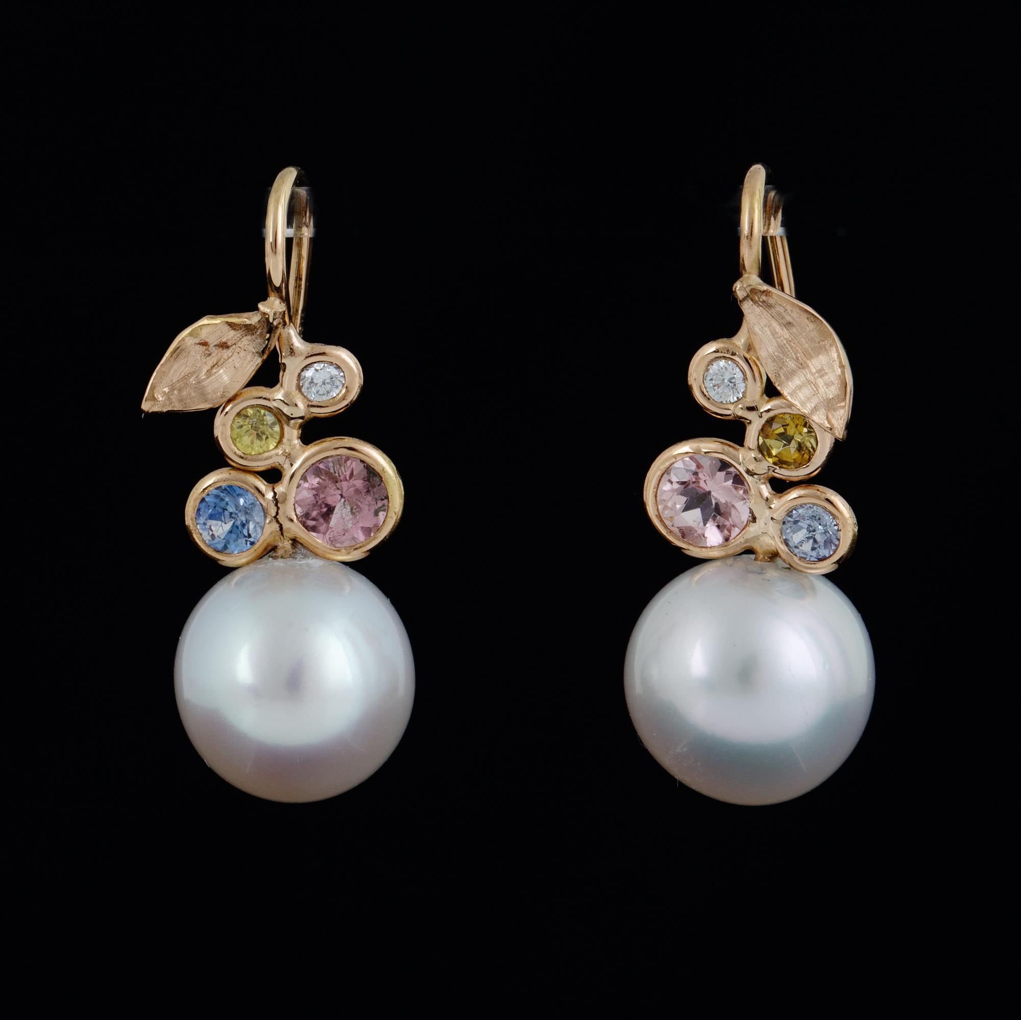 Saltwater pearl, pink tourmaline, sapphire and brilliant-cut diamond earrings.