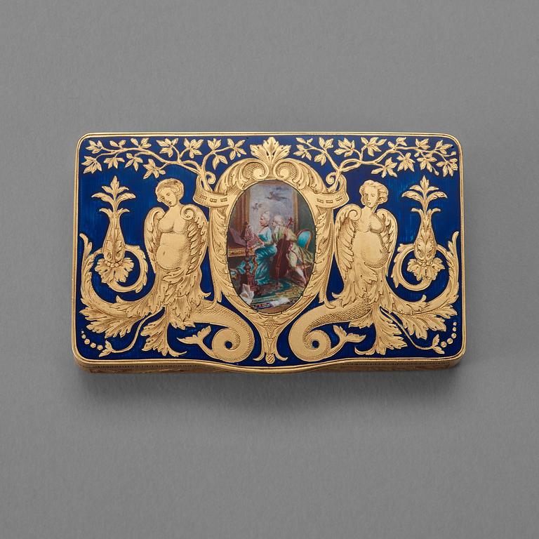 A 19th century gold and enameled snuff-box, unmarked.