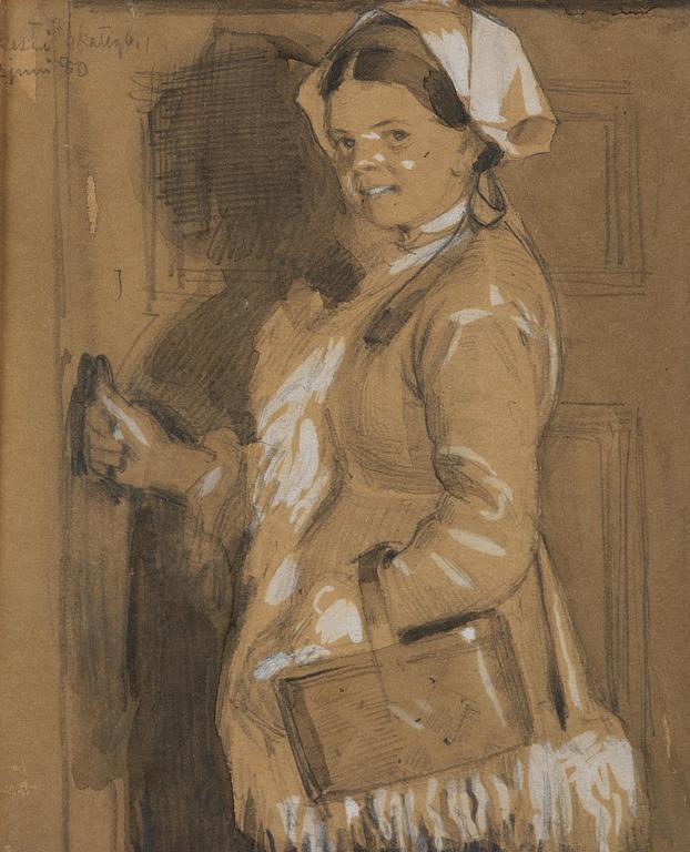 Anders Zorn, "Orsakulla vid dörr med korg på armen".