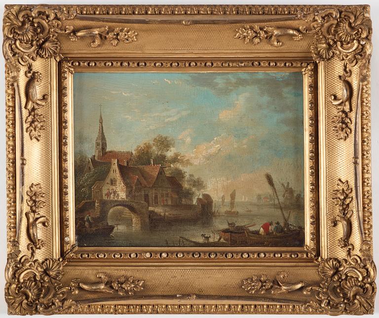 Jan van der Heyden Hans krets, By med kyrka vid vattnet.