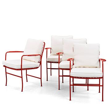 JOSEF FRANK, a set of four red lacquered steel garden chairs, model 591, Svenskt Tenn Sweden.