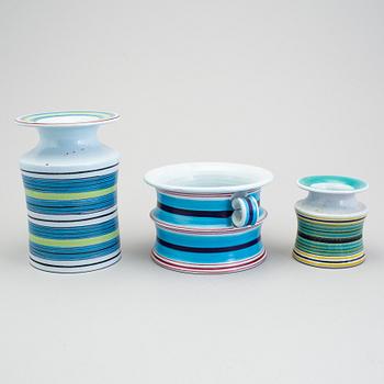 STIG LINDBERG, a lot of three vases and a candlestick, faience, Gustavsberg 1960s.