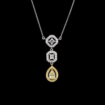 1104. A drop cut Fancy Yellow diamond pendant, 1.02 cts, and radiant cut, 0.24 cts, and assher cut 0.31 cts.