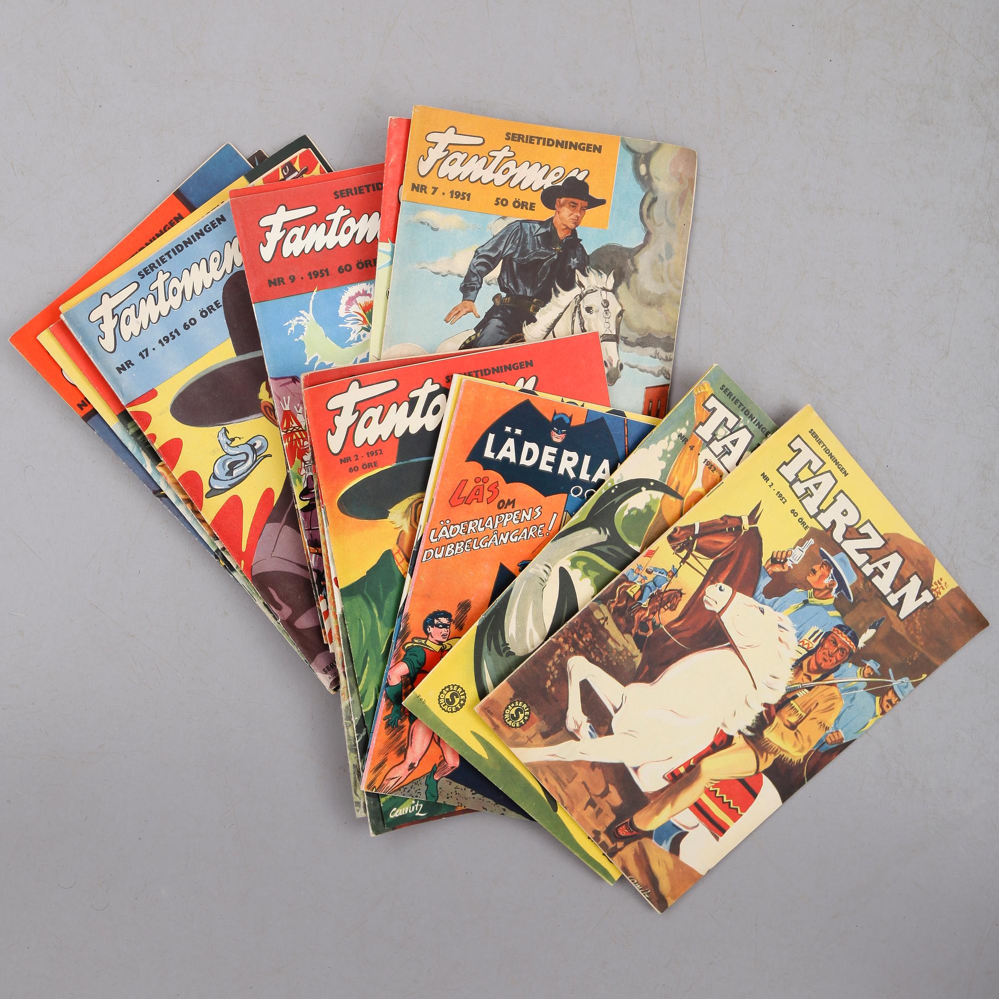 SERIETIDNINGAR, 20 st, Fantomen, Läderlappen och Tarzan, originalutgåvor 1950-52.