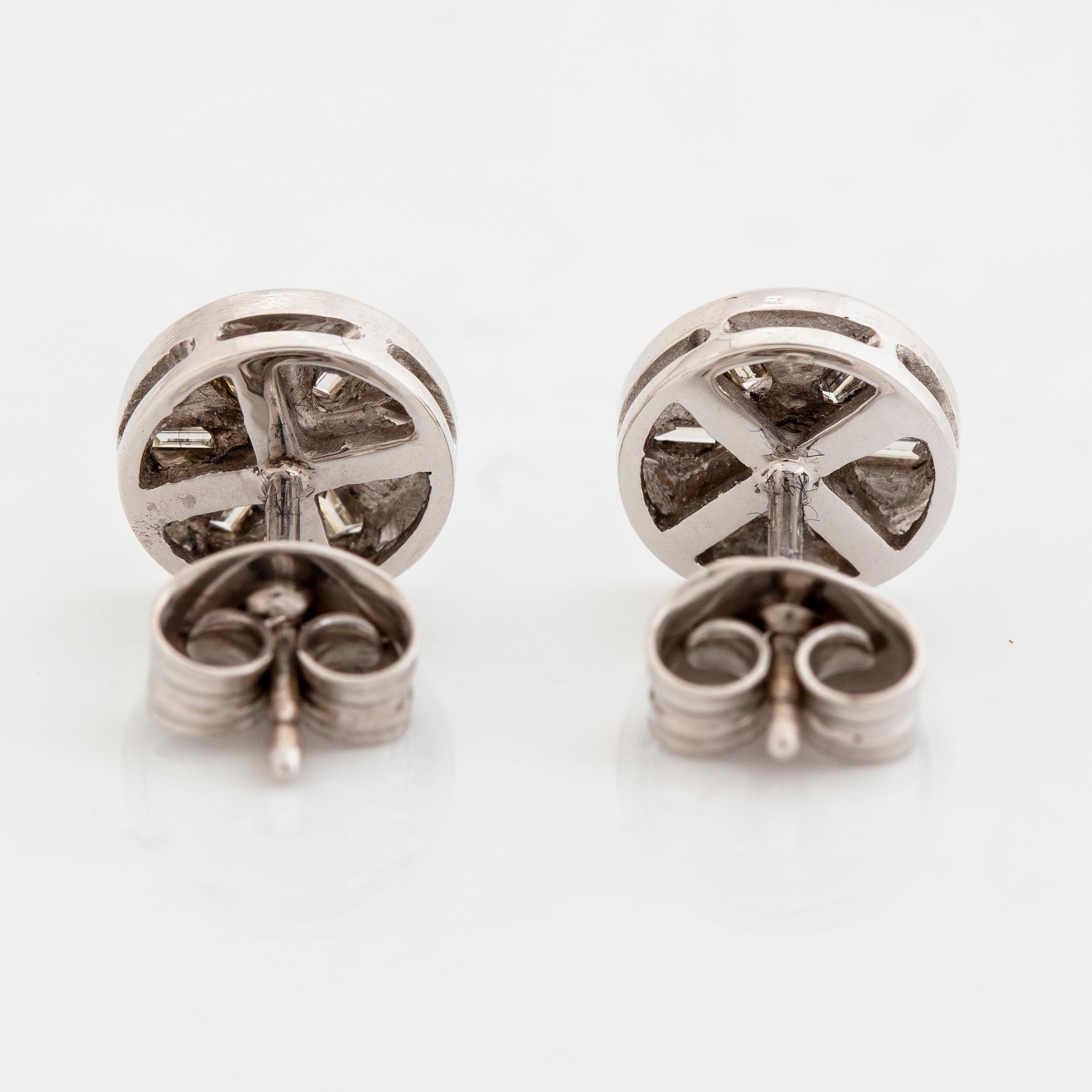 18K white gold, baguette and brilliant cut diamond earrings.