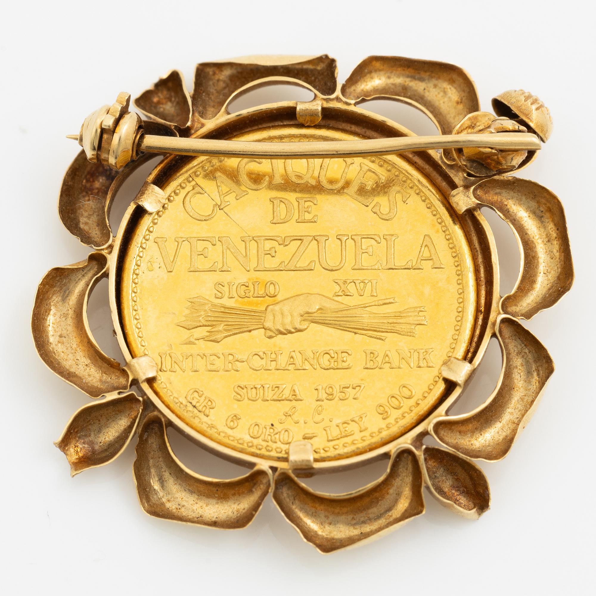 Brooch 18K gold with set gold coin/medal, Venezuela.