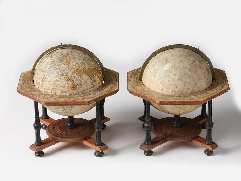 A pair of terrestrial and celestial library globes by A. Åkerman (manufacturer of globes in Uppsala 1759-78), 1759.